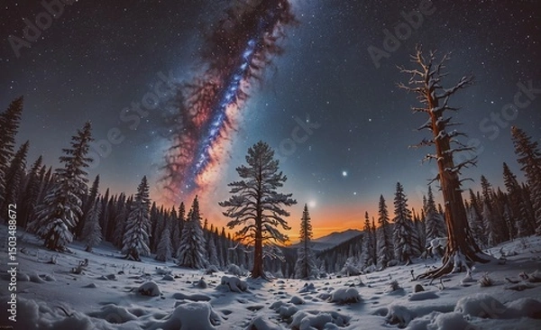 Obraz Beautiful night sky with a large, glowing cloud of milk. The sky is filled with stars and the Milky Way. The scene is peaceful and serene, with a sense of wonder and awe