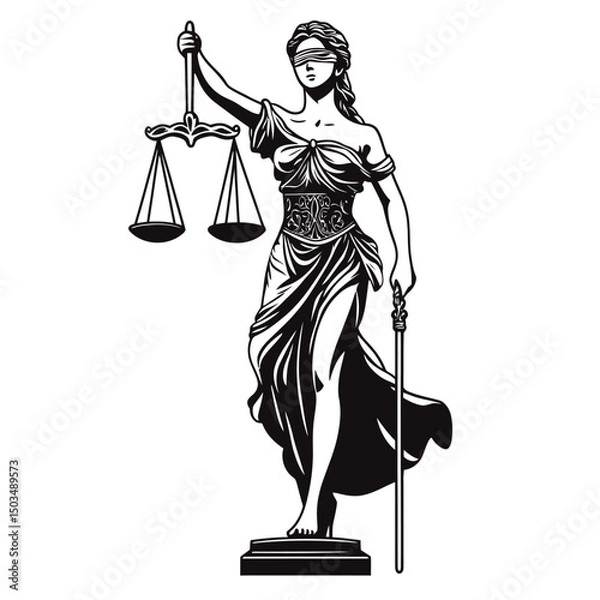 Fototapeta Blindfolded Lady Justice statue holding scales and sword with flowing gown detailed in black and white vector illustration for law symbol concept