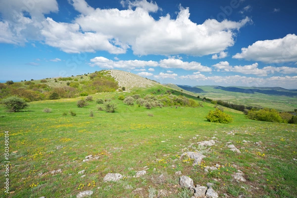 Obraz Mountain meadow and valley at day.