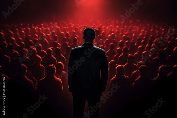 Fototapeta Confident man in a black suit standing before a large audience under dramatic red lighting, symbolizing leadership, influence, and power in a high-impact setting.