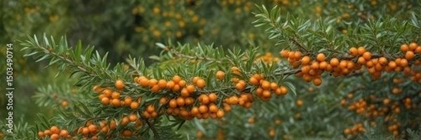 Obraz Compact sea buckthorn shrub loaded with vibrant berries, flowering in a lush garden  Focus on natural detail  ,  plant,  shrub