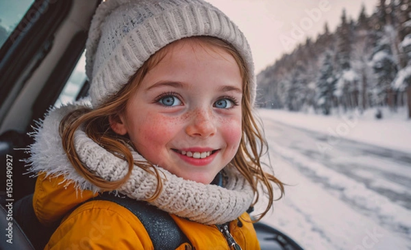 Obraz Young girl wearing a white hat and a yellow jacket is smiling in a car. The scene is set in a snowy environment, and the girl appears to be enjoying her time