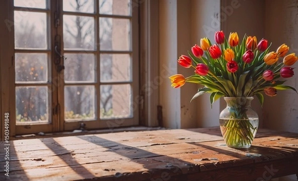 Obraz Vase of tulips sits on a wooden table in front of a window. The sunlight shines through the window, casting a warm glow on the flowers. Concept of peace and tranquility