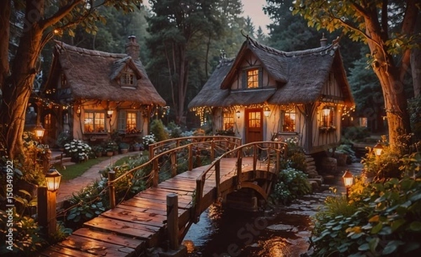 Obraz Bridge connects two small houses in a forest. The houses are lit up with lights, creating a warm and cozy atmosphere. Concept of tranquility and serenity, as if one is stepping into a peaceful