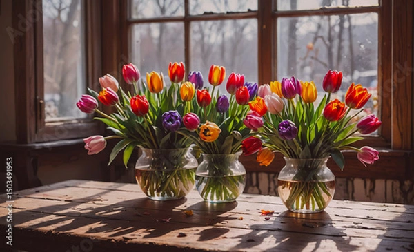 Obraz Three vases of tulips are arranged on a wooden table. The vases are filled with water and the tulips are in full bloom, creating a colorful and vibrant display