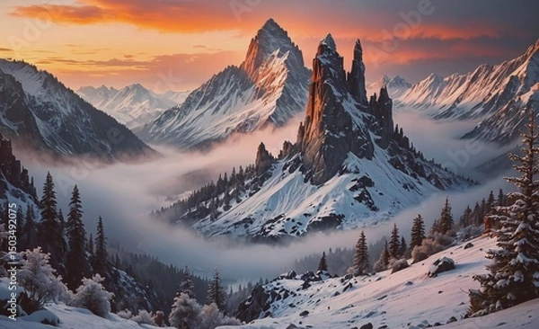 Fototapeta Mountain range with snow and fog in the background. The mountains are covered in snow and the sky is orange