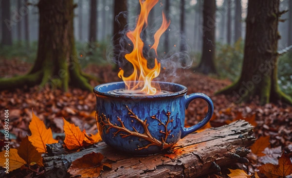 Obraz Blue mug with a tree design sits on a log in the woods. The mug is filled with hot liquid and has a small flame on top. Concept of warmth and comfort, as well as a connection to nature