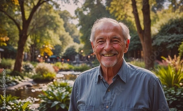 Obraz Man is smiling in a park. He is wearing a blue shirt and a gray hat. The park is filled with trees and plants, and there are several benches and a fountain nearby. The man is enjoying his time in the