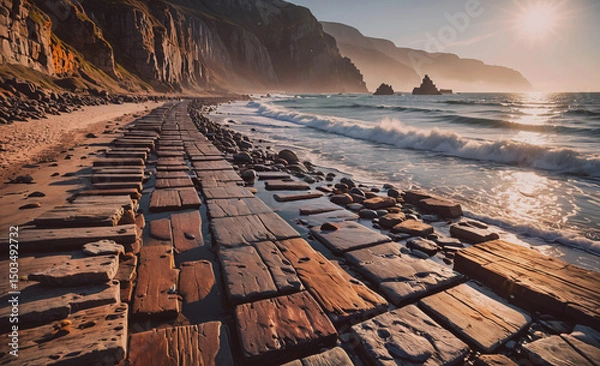 Obraz Beach with a rocky shoreline and a large body of water. The beach is lined with large wooden blocks, creating a unique and interesting landscape. The sun is setting, casting a warm glow over the scene
