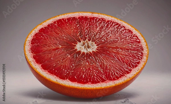 Obraz Red grapefruit is sliced open, revealing its juicy interior. Concept of freshness and vitality, as the bright red color of the fruit contrasts with the white background