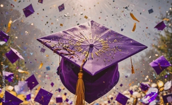 Obraz Purple cap with gold trim is being tossed into the air. Concept of celebration and accomplishment, as the cap is likely being thrown by a graduate during a graduation ceremony