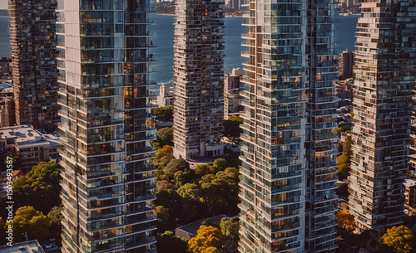 Obraz City skyline with tall buildings and a body of water in the background. The buildings are all made of glass and are very tall, creating a sense of grandeur and modernity. The water adds a sense of