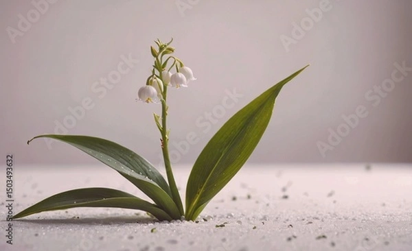 Obraz Small white flower is growing out of the ground in a sandy area. The flower is surrounded by a white background, which gives the image a serene and peaceful feeling. The flower's delicate appearance