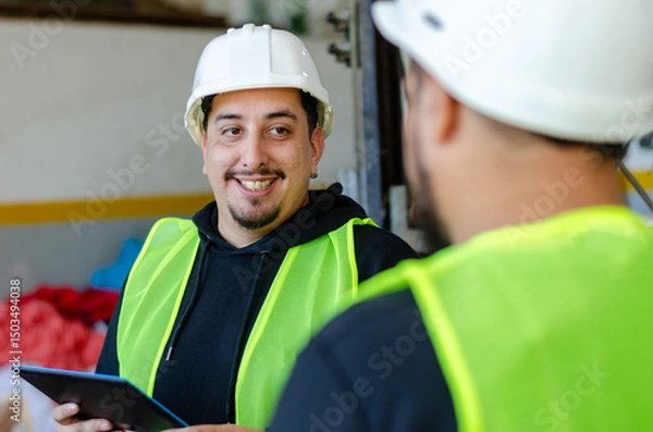 Fototapeta Smiling portrait of two males workers industry or engineer holding a digital tablet and wearing safety gear. Recycle concept