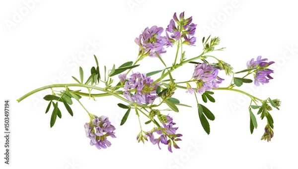 Fototapeta Beautiful twig of purple flowers and green leaves of lucerne (Medicago) isolated on white or transparent background