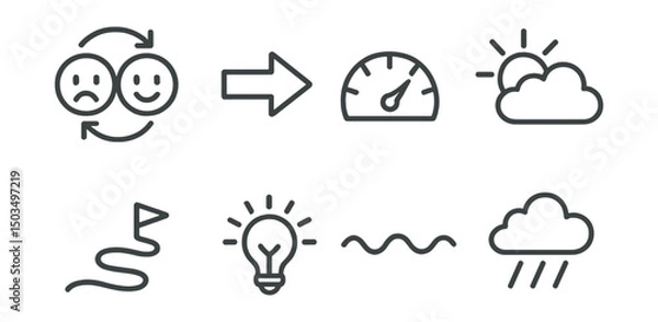 Obraz Line style icons of emotional recovery: mood shift indicator, “better now” arrow, recovery scale, cloud clearing icon, next step path, light returning icon, stable line, calm after storm.