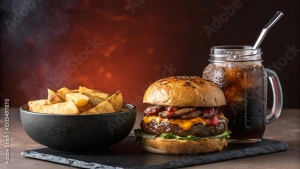 Fototapeta Beef Burger with Fries, Nuggets, and Pizza Slice on Slate with Red Smoke and Lemonade