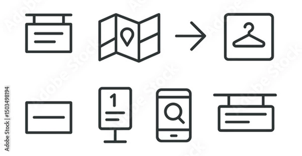 Obraz Line style icons of store navigation: aisle sign, shopping map, directional arrow, department icon, section divider, floor guide, product finder app, overhead labels.