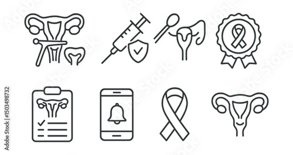 Fototapeta Line style icons of women’s health: cervical screening, HPV vaccine icon, swab test, early detection badge, test result chart, reminder app, prevention ribbon, healthy cervix icon.