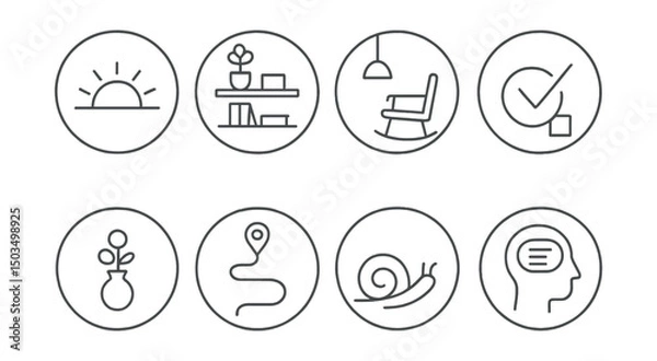 Fototapeta Line style icons of wellness and healthy living: minimalist day icon, clutter-free shelf, space with purpose, less but better symbol, mindful object circle, intentional choice path, slow living