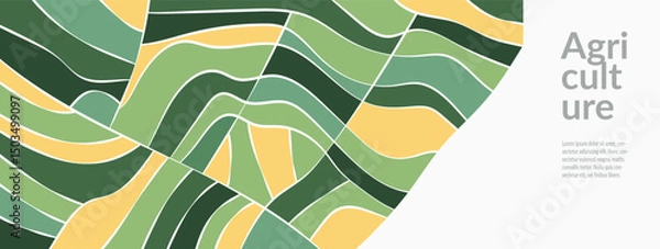 Fototapeta Abstract vector design featuring rice field, wheat, tea crop across rural landscape. Eco-friendly, minimal textures and patterns highlight nature and agriculture. Banner, cover, environmental template