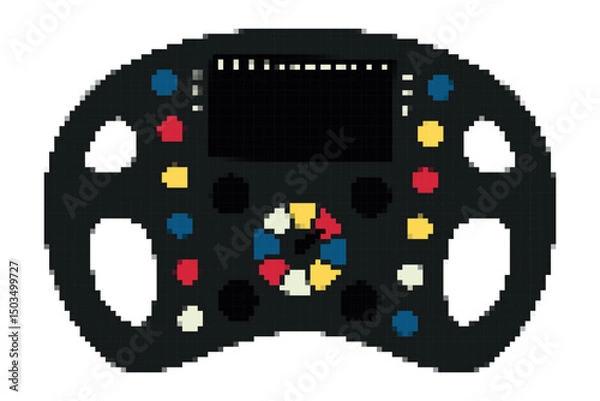 Obraz Pixel Steering Wheel with buttons, screen of Formula 1 racing car. Control of sports transport in 8-bit style. Retro game. Motorsport element. Isolated on white background. Color vector illustration