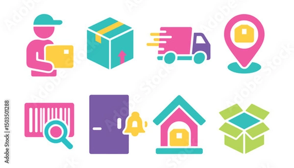 Fototapeta Two-Color vector icons of delivery services: courier, parcel box, express truck, delivery pin, tracking barcode, doorbell icon, pickup point, open package.
