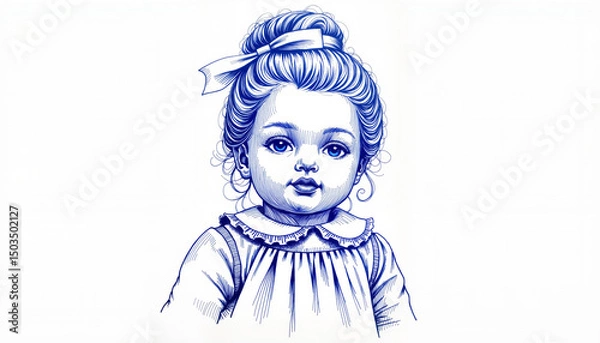 Fototapeta Vintage doll sketch showing innocence and charm in blue ink on white background, ideal for blogs, stationery design, greeting cards, and education materials