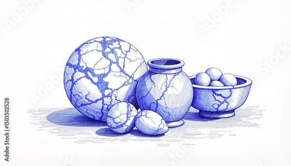 Fototapeta Vintage sketch of marbles and pottery in blue ink, artistic still life composition