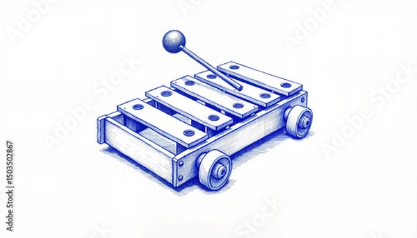 Fototapeta Vintage xylophone sketch in blue ink, playful design on white background, ideal for educational materials and children's toys