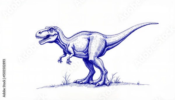Fototapeta Vintage sketch of toy dinosaur in blue ink standing on white background, perfect for educational materials or playful designs