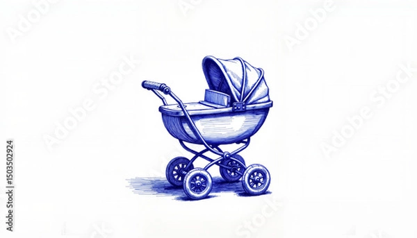 Fototapeta Vintage toy stroller sketch in blue ink on white background, ideal for blogs or stationery design