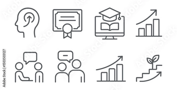 Fototapeta Line style icons of career and growth: personal development icon, training certificate, online course badge, skills upgrade arrow, coaching session symbol, mentor and learner, learning progress,