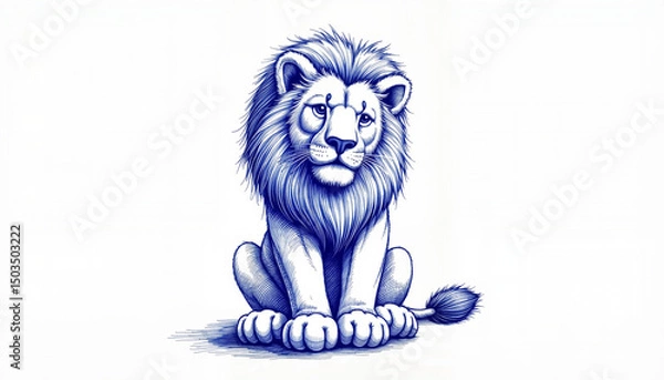 Fototapeta Sketch of an attentive lion in blue ink on white background, ideal for educational resources or creative blogs