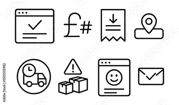 Obraz Line style icons of online marketplace: order confirmation page, order number symbol, receipt download icon, order tracking button, estimated delivery badge, split shipment alert, thank-you for order
