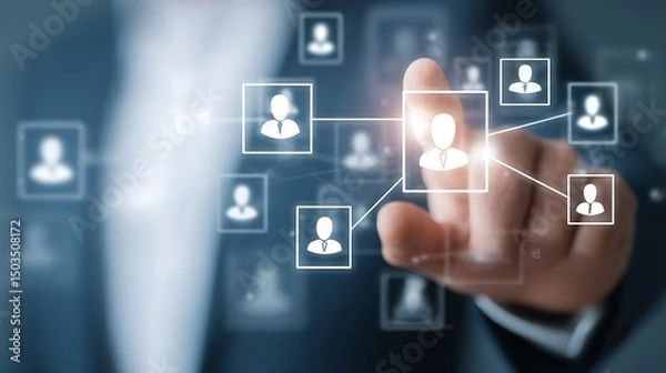 Fototapeta Human resource management technology (HR), Human resource manager touching human resource network structure and checks the CV online to choose the perfect employee for company, Effective recruitment