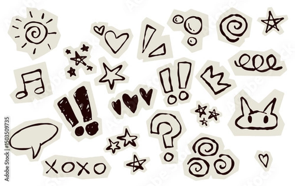Obraz Scrapbook doodle set. Collection of sketch handdrawn scribble heart, star, mark, sign for journal. Chalk or ink craft paper cutout for scrapbook dairy
