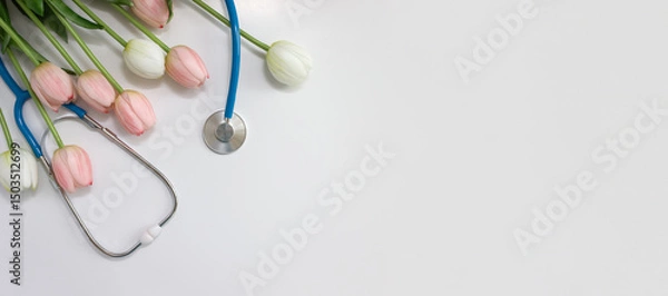 Fototapeta Medical stethoscope and spring tulips on white background. Doctor's or Nurse's Day banner. Selective focus, copy space