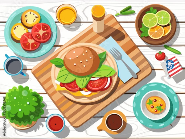 Fototapeta vector of Barbecue table scene with hamburger, classic salad and snacks. Top down view on white wooden background.