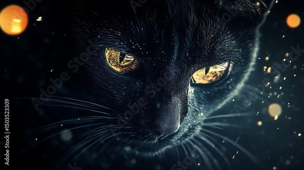 Fototapeta Close up shot of a black cat with golden eyes in the dark