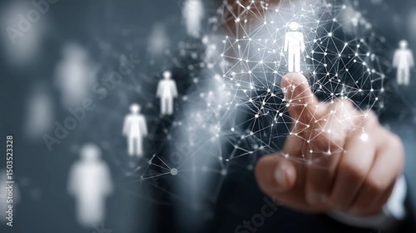 Fototapeta Human resource management technology (HR), Human resource manager touching human resource network structure and checks the CV online to choose the perfect employee for company, Effective recruitment