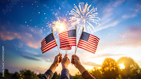 Fototapeta Photo of hands holding small American flags, digitally enhanced with dynamic fireworks and sparkles