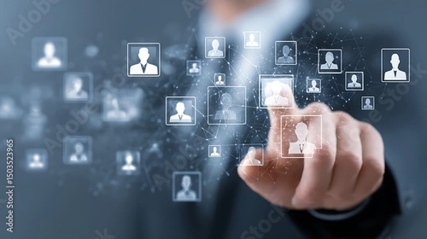 Fototapeta Human resource management technology (HR), Human resource manager touching human resource network structure and checks the CV online to choose the perfect employee for company, Effective recruitment