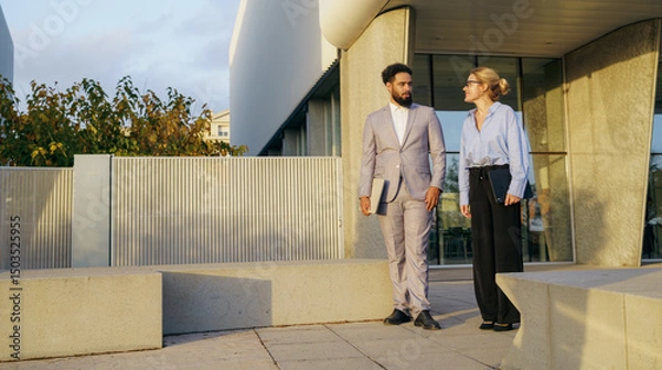 Obraz A group of professionals walking in a vibrant urban environment, showcasing teamwork