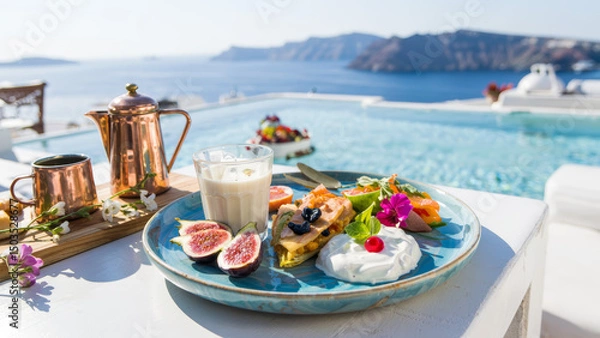 Fototapeta Enjoying a luxurious breakfast by the pool in Santorini with fresh figs and yogurt.