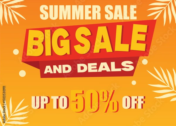 Fototapeta bold summer sale poster with big sale and deals text, yellow and red discount banner design with tropical palm leaves and orange background for seasonal promotion, ecommerce ads, marketing campaign or