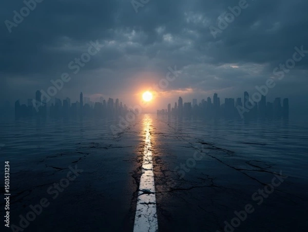 Obraz Surreal cityscape with a sun setting over a flooded road.