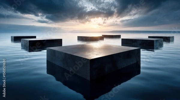 Obraz Surreal blocks floating in serene water under a dramatic sky.