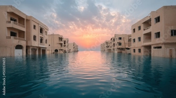 Obraz Submerged buildings at sunset reflecting on peaceful water.