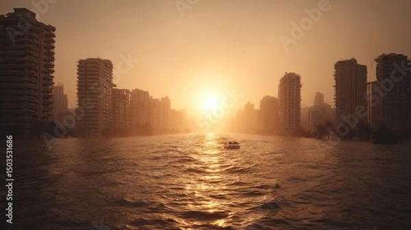 Obraz City skyline at sunset reflecting on the water's surface.